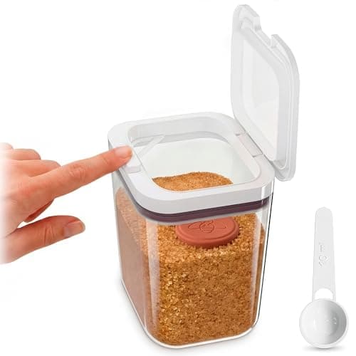 Brown Sugar Container Keeper with Lid & Spoon – Airtight Clear Plastic Brown Sugar Canister with Moisture Disc – 1-Button Easy Open Jar, Clump-Proof Soft & Fresh Storage with Silicone Seal, 2 Quart - Image 1