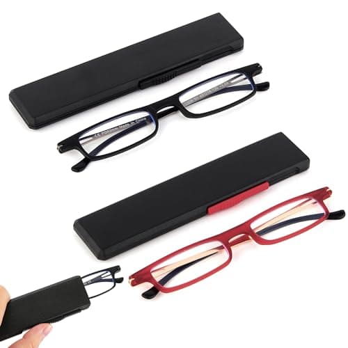 TOVEEN 2 Pack Compact Folding Reading Glasses Anti Blue Light UV, Ultra-thin Slim TR90 Readers with Portable Flat Case for Men Women Red/Black +2.5 - Image 1
