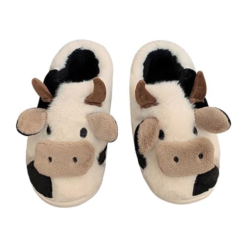 Jerzmy Fuzzy Cow Slippers for Women Men, Cute Cotton Animals House Slippers Fluffy Plush Slip On Home Shoes for Girls Indoor Outdoor Garden, Open Heel Size 4.5-5.5 - Image 1