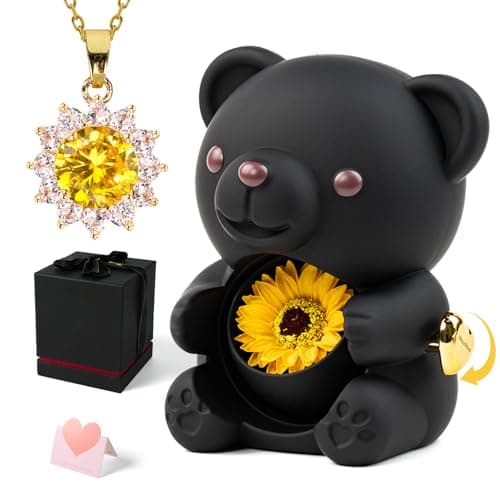 mountova Gifts for Women Birthday Mothers Day, Lucky Sunflower Bear with Necklace & Gift Box for Mom Daughter Sister, Anniversary Wedding Gift for Wife Girlfriend, Surprise Jewelry Box, Black - Image 1