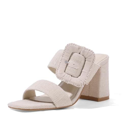 Ancomafio Womens Heeled Sandals Raffia Sandals Square Open Toe Chunky Block Heels Double Strap Summer Dressy Mules Slip On White Size 7 - Image 1