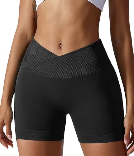 YOAKUKA Women Workout Shorts V Cross High Waist Yoga Shorts Sport Seamless Athletic Booty Scrunch Gym Shorts Black - Image 1