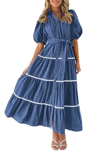 PRETTYGARDEN Women's Summer Button Down Shirt Dress Short Puffy Sleeve Tiered Ruffle Flowy Long Maxi Dresses (Dark Blue,XX-Large) - Image 1