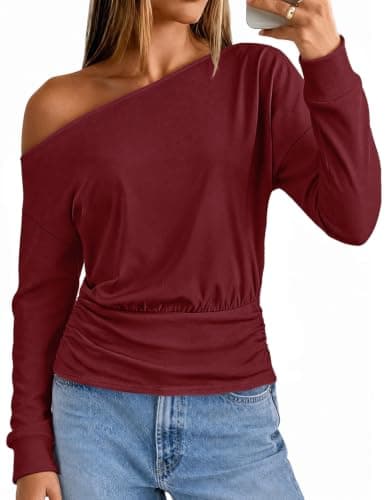 MEROKEETY Women's Off The Shoulder Tops Long Sleeve Fall Shirts, Wine, XXL - Image 1