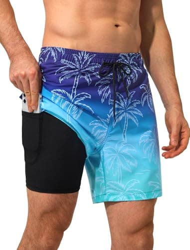SILKWORLD Mens Swim Trunks with Compression Liner 5 Inch Inseam Swimming Trunk for Men Bathing Suit Board Shorts Swimwear Swimsuit, Blue Gradient Coconut Tree, 2XL - Image 1