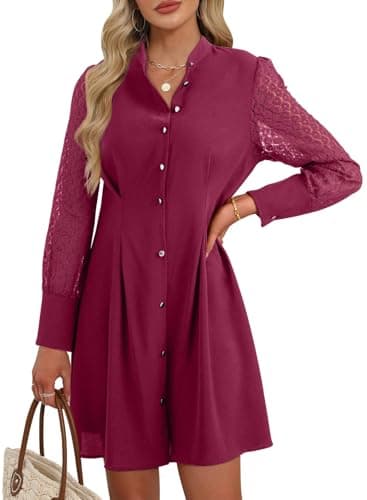 Happy Sailed Fall Wedding Guest Dresses for Women Crewneck Long Sleeve Button Slim A Line Mini Church Dress Burgundy X-Large - Image 1