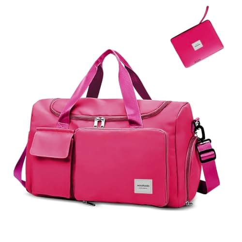 WOOMADA Foldable Travel Duffel Bag with Shoes Compartment, Overnight Bag with Wet Pocket & Trolley Sleeve, Weekender Bags for Women(A-rose red) - Image 1