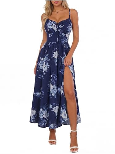 Scarlet Darkness Floral Dress for Women 2026 Corset Milkmaid Sundress Wedding Guest Dresses Navy Blue Floral S - Image 1