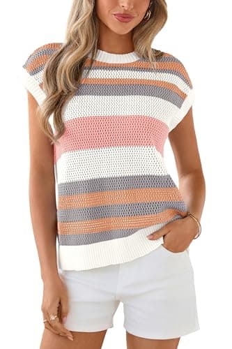 dowerme Womens Spring Tank Tops 2026 Cute Cap Sleeve Crewneck Color Block Crochet Sweater Vest Striped Summer Outfits(Striped Pink White,Medium) - Image 1