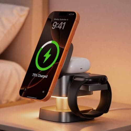 AIYUNDI 4 in 1 Wireless Charging Station for Apple Devices with Night Light, Mag-Safe Charger Stand, 15W Fast Charging for iPhone 17/16/15/14/13/12 Series, iWatch & AirPods(with USB-C Cable) - Image 1