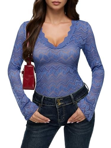 REORIA Women's Sexy Deep V See Through Lace Sheer Tops Long Sleeve Basic T Shirt Y2K Going Out Bell Sleeve Tops for Women Trendy, Blue M - Image 1