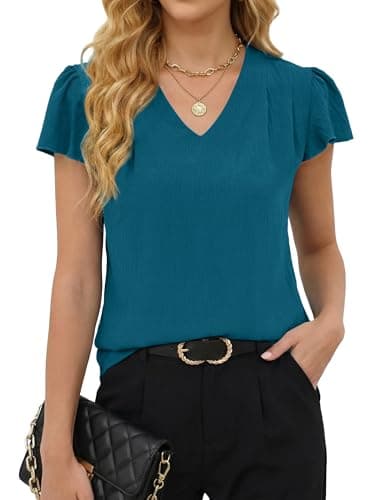Gleeneat Womens Business Casual Work Blouses Summer Dressy Casual Dress Ruffle Short Sleeve Shirts Flowy V Neck Cute Office Tops 2026 Trendy Outfits Blusas Casuales de Mujer Bonitas Teal - Image 1