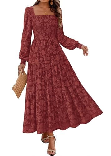 KIRUNDO Wedding Guest Dresses for Women 2026 Fall Long Sleeve Smocked Floral Flowy Spring Baby Shower Maxi Dress Pockets (Brick Red, Medium) - Image 1