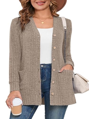 AusLook Plus Size Women Long Sleeve Cardigan 4X Apricot Open Front Button Down Lightweight Casual Sweater Cover Ups Shrugs Shawls and Wraps Kimono Jacket Coat with Pockets - Image 1