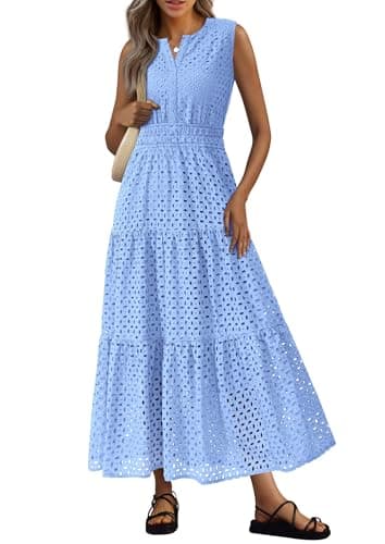 PRETTYGARDEN Womens 2026 Summer Maxi Dresses Sleeveless Sundresses V Neck Eyelet A Line Long Flowy Spring Wedding Guest Dress (Light Blue,Large) - Image 1
