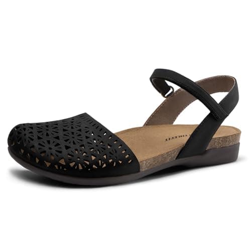 Athlefit Women's Closed Toe Sandals Comfort Cork Footbed Arch Support Flat Sandals Black Hollow Size 9.5 - Image 1