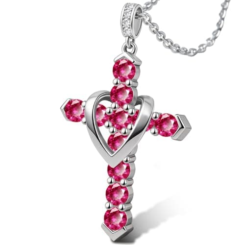 Helirose Cross Necklace for Women, Heart Cross Necklace for Women, 18K Gold Plated, Gold Necklace for Women, Dainty Cubic Zirconia Pendant, Hypoallergenic Jewelry for Women, Christian Religious Gifts (Rose Red-Silver) - Image 1