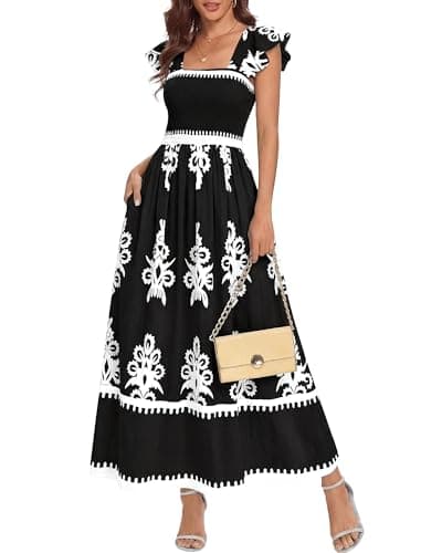 BTFBM Summer Dresses for Women 2026 Casual Floral Boho Sleeveless Square Neck A Line Flowy Beach Maxi Sundress Pockets(Black White Flower, Small) - Image 1