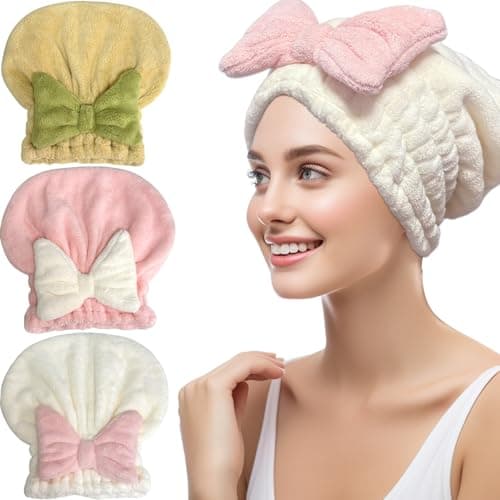 Jseng 3Packs Microfiber Hair Towel for Women - Quick-Drying, Super Absorbent Hair Wrap with Bow Design, Soft Hair Towel Turban for Curly Long Wet Hair - Image 1