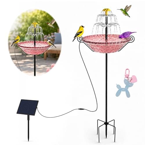 Bird Bath for Outside with Solar Fountain, Plastic Bowl on Metal Stake and Ground Stand, Freestanding Garden Accent for Yard and Patio (Pink(L)) - Image 1