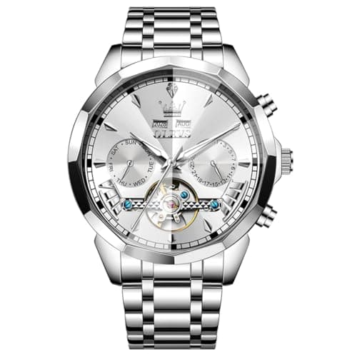 OLEVS Watch Men Luxury Silver Automatic Self Winding Mechanica Stainless Steel Dress Wrist Mens Watches Waterproof Luminous Analog Casual Watch - Image 1