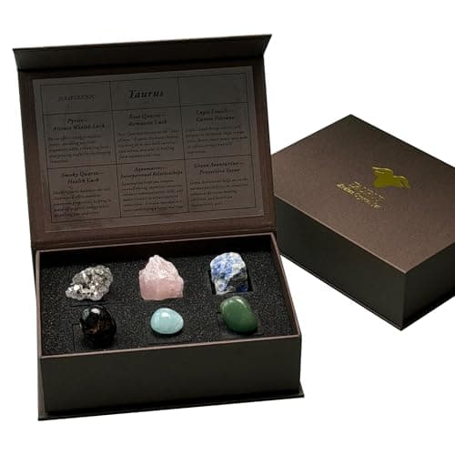 Juliful Unic Taurus Zodiac Energy Set-6 Grounding Crystals for Stability & Wealth & Love Gift for Women & Zodiac Lovers Pyrite Rose Quartz + 4 More in Luxury Box - Image 1