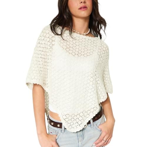 Ainangua Womens Summer Sweater Crochet Batwing Sleeve Scalloped Trim Poncho Tops Off Shoulder Hollow Out Shawl Wraps Coverup(Cream,L) - Image 1