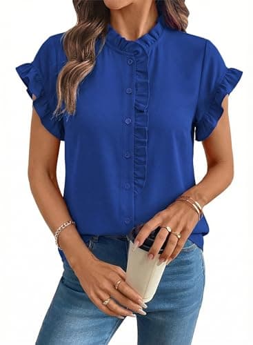 BLENCOT Flutter Sleeve Shirts Women Summer Tops Ruffle Short Sleeve V Neck Button Down Shirt Dressy Blouses Casual Business Work Solid Tunic Peplum Top X-Large Bluing - Image 1