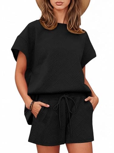 Tankaneo Womens Loungewear Set Short Sleeve Tops and Shorts 2 Piece Outfits Matching Lounge Pajama Set with Pockets Black - Image 1