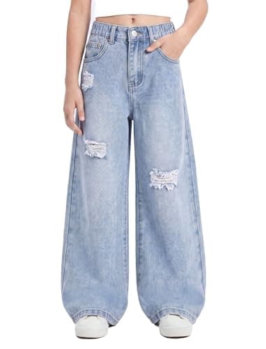 PATPAT Girls Baggy Ripped Jeans 5-14Y, Y2K Vintage Mid Waist Wide Leg Jeans, Trendy Denim Pants with Elastic Waist & Pockets - Image 1