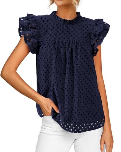 BTFBM Casual Summer Tops for Women 2025 Short Ruffle Sleeves Shirts Crew Neck Hollow Out Lace Embroidered Blouses(Navy,X-Large) - Image 1