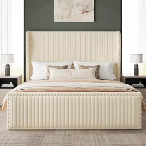 Belffin Queen Bed Frame with 55.1" Tall Headboard, Upholstered Soft Velvet Platform Bed with Nailhead Trim Wingback Design, Strong Wooden Slats, No Box Spring Needed, Noise-Free, Easy Assembly, White - Image 1