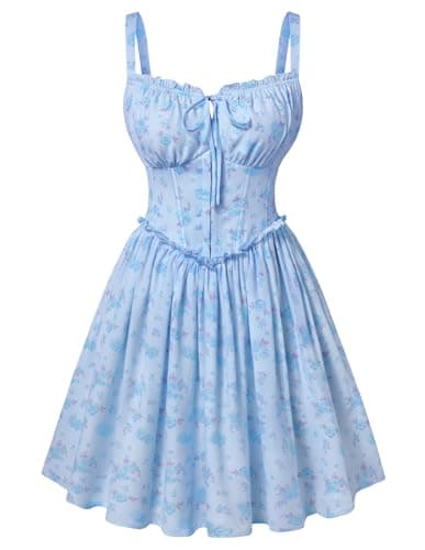 Scarlet Darkness Floral Corset Dress for Women 2026 Summer Sundress Lace Up Mini Milkmaid Dresses with Pockets Blue Flower - Image 1