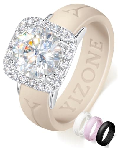 Silicone Ring with Stone Silicone Rings for Her Silicone Diamond Ring Women–Comfortable Everyday Workout Ring, 4 Colors Included, Cubic Zirconia Halo Ring, Patent-Pending Design, White Gold Plated Size 7 - Image 1