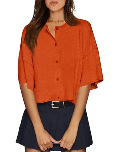 Cicy Bell Womens Half Sleeve Cardigan Sweaters Cropped Button Down Tops Oversized Lightweight Ribbed Knit Summer Outfits Orange - Image 1