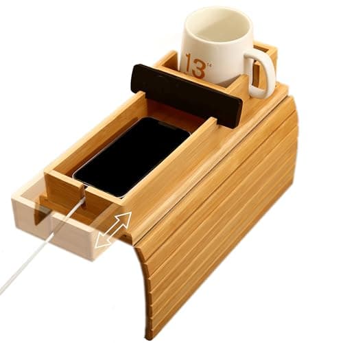 Bamboo Couch Arm Tray with Detachable Cup Holder, 2 in 1 Foldable Anti-Falling Design for Cups, Snacks, Remote, Cellphone - Image 1