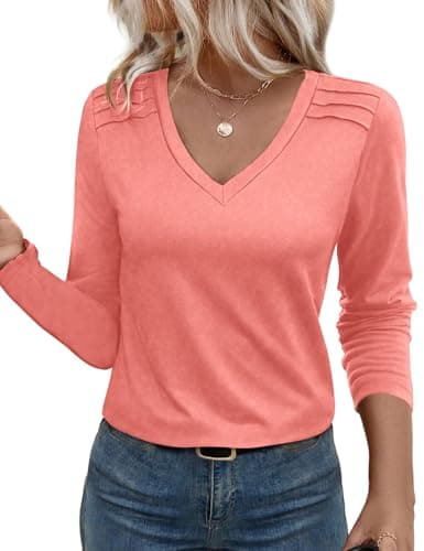 JUSTFASHIONNOW Pleated Long Sleeve Shirts for Women V Neck Dressy Casual Business Blouses Fall Tops 2025 Trendy(Coral,X-Large) - Image 1
