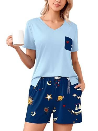 Heymoments Women's Pajama Sets 2 Piece Print Floral Small Soft Summer Short Sleeve Ladies V-Neck Lounge with Pockets Breathable Sleepwear Comfy Nightwear Womens Pjs Set - Image 1