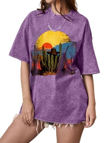 Western Shirts for Women Oversized Graphic Tees Vintage Cowboy Rodeo T Shirts Acid Wash Cattle Skull Casual Short Sleeve Tops - Image 1