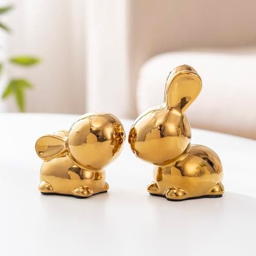 SURE YUESI for Mom from Daughter Son Kids- Ceramic Bunny Spring Decor Figurines, Rabbit Statue Set of 2 for Tabletop Decor, Vintage Farmhouse Indoor Decor Gift- Golden - Image 1