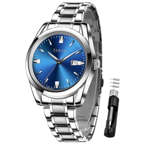 Taxau Mens Watches Stainless Steel Dress Watch Mens Waterproof Watches for Large Wrist Analog Quartz Silver Watch Blue Face Luxury Business Minimalist Date Watch Relojes para Hombres - Image 1