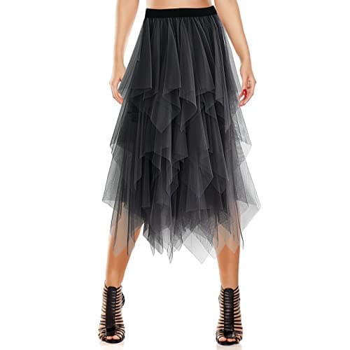 Women's Tulle Skirt A-Line High Low Asymmetrical 3 Layered Midi Length Elastic Waist Tutu Skirts (Grey) - Image 1