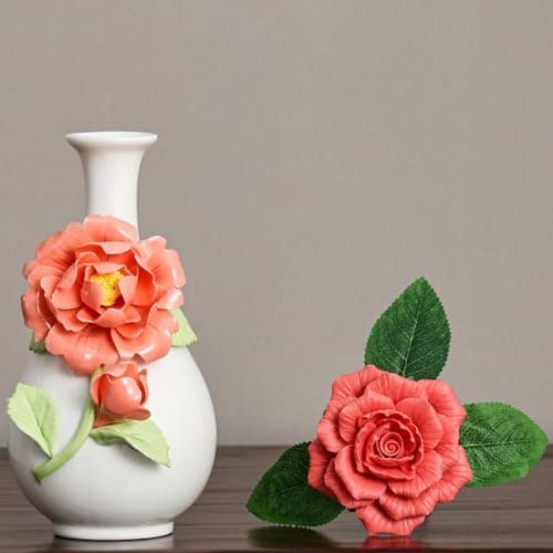 Handmade Pinched Flowers Ceramic Vase with One Ceramic Rose Flower, Home Decor Ceramic Vase for Dining Table, Living Room, Kitchen, Bedroom, Shelf, Office, Coffee Table, Restaurant & Fireplace Mantel