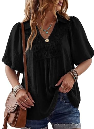 Astylish Women's Spring Summer Ruched V Neck Peplum Tops Short Puff Sleeve Babydoll Ruffle Blouse Shirts Black Medium - Image 1