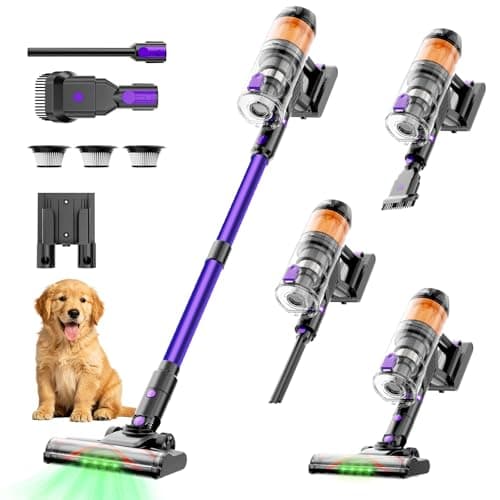 COTIAR Cordless Vacuum Cleaner, 500W 40KPa 60Mins Vacuum Cleaners for Home, Wireless Vacumm Anti-Tangle Rechargeable Vacuum with Green Light for Pet Hair/Carpet/Hardwood Floor, Purple