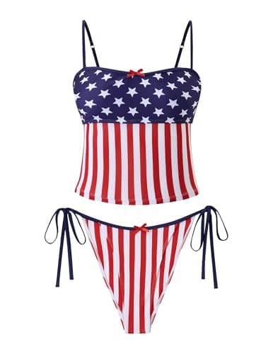 seamoly Women's Two Piece Bathing Suits Tie Back Bikini Sets High Cut Side Tie Bikini Bottom Tankini Flag Partten XS - Image 1