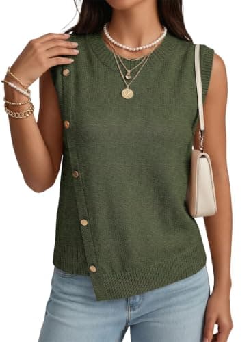 Pink Queen Womens Sweater Vest Top Solid Color Basic Sleeveless Lightweight Knit Tank Tops 2026 Fall Winter Button Decoration Asymmetrical Hem Clothes Vacation Outfits Leaf Green 2XL - Image 1