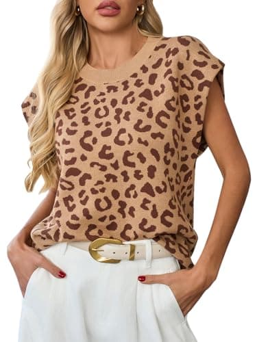 GREAIDEA Womens Sleeveless Sweater Vest Crewneck Cap Sleeve Knit Tops Trendy 2026 Summer Spring Business Dressy Casual Shirts Tank Blouses Leopard XL - Image 1