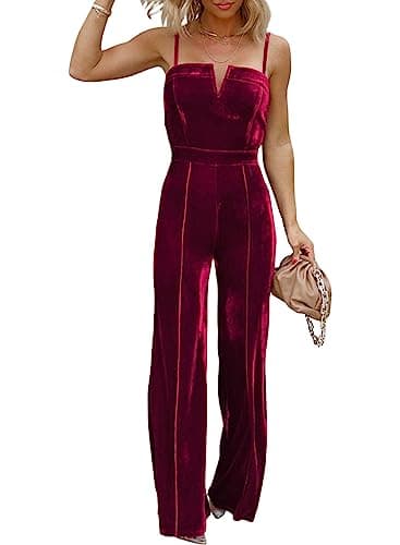 BLENCOT Sleeveless Velvet Jumpsuits For Women V Neck Spaghetti Straps Wide Leg Long Pants Dressy Rompers Winter Overalls Red Large - Image 1