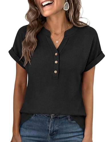 ANRABESS Women Short Sleeve Waffle Knit Henley Shirts Casual Loose Summer Top High Low Slit T-Shirts Vacation Clothes Black Medium - Image 1